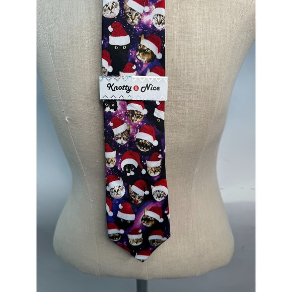 Knotty and Nice Holiday Space Cats Tie OS Purple, red Christmas Cats Space Pol - Picture 3 of 16